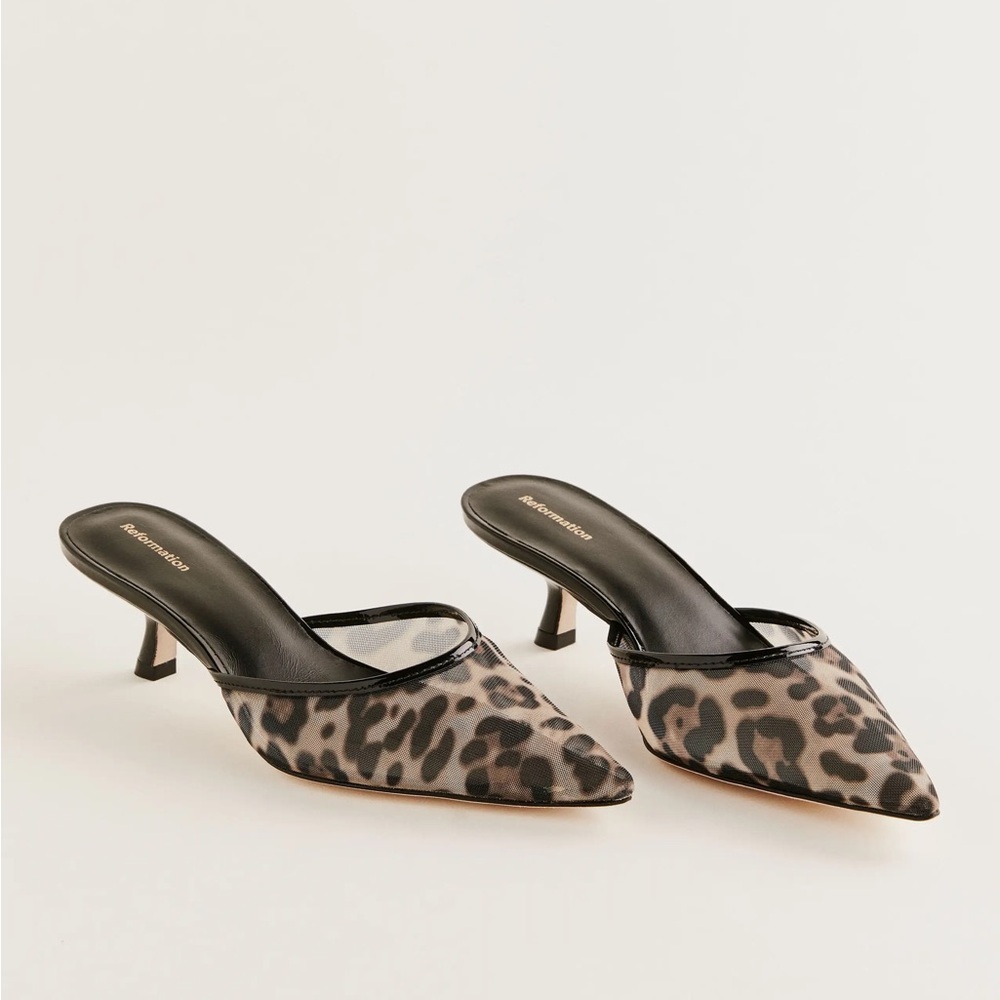 Reformation, Wilda Kitten Mule in Leopard Mesh
